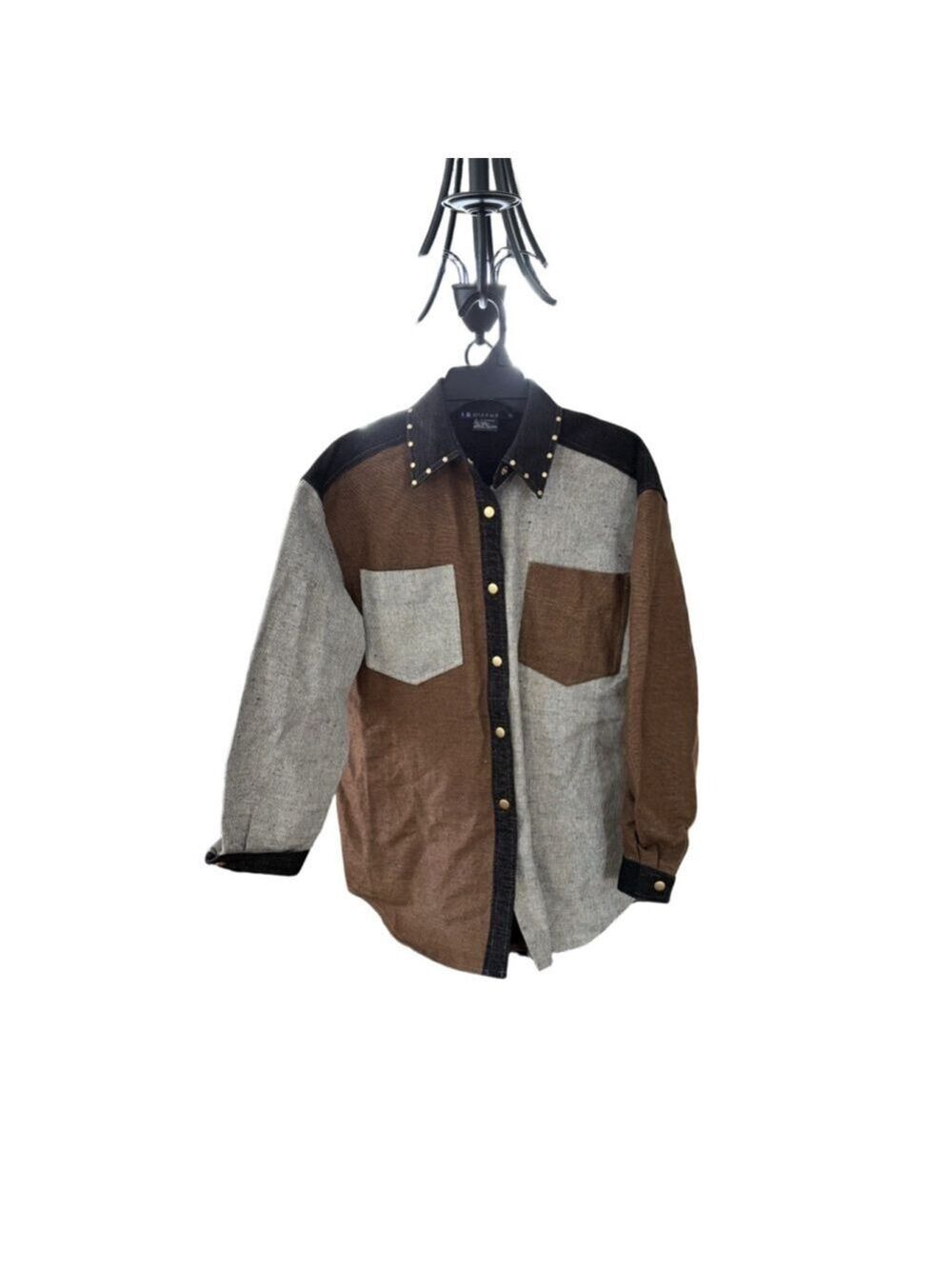 Women's I.B. Diffusion Button Down Shirt M Brown Gray Black Studded